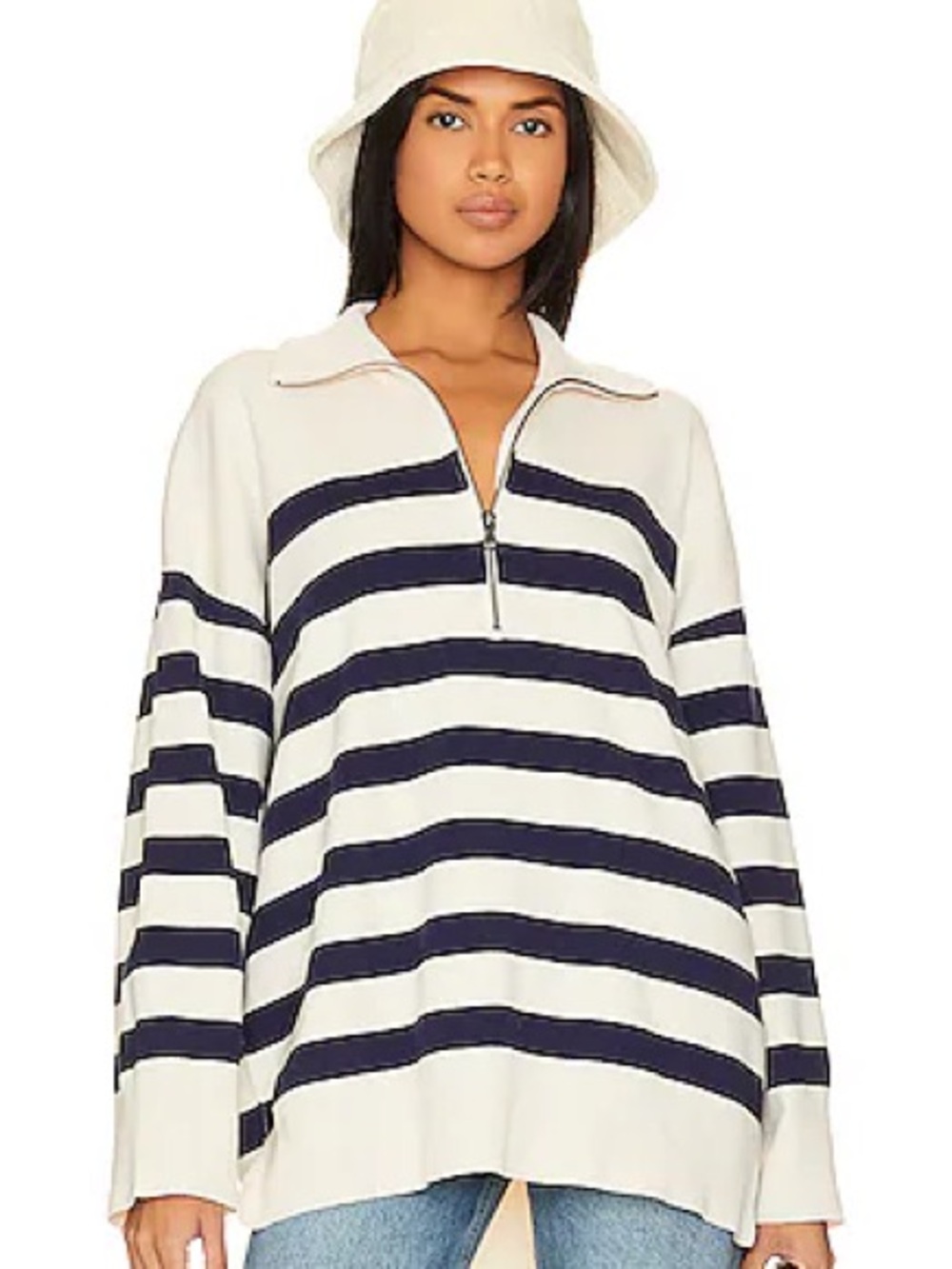 Free People Costal Striped Navy and White Half-Zip Sweater Top - Women